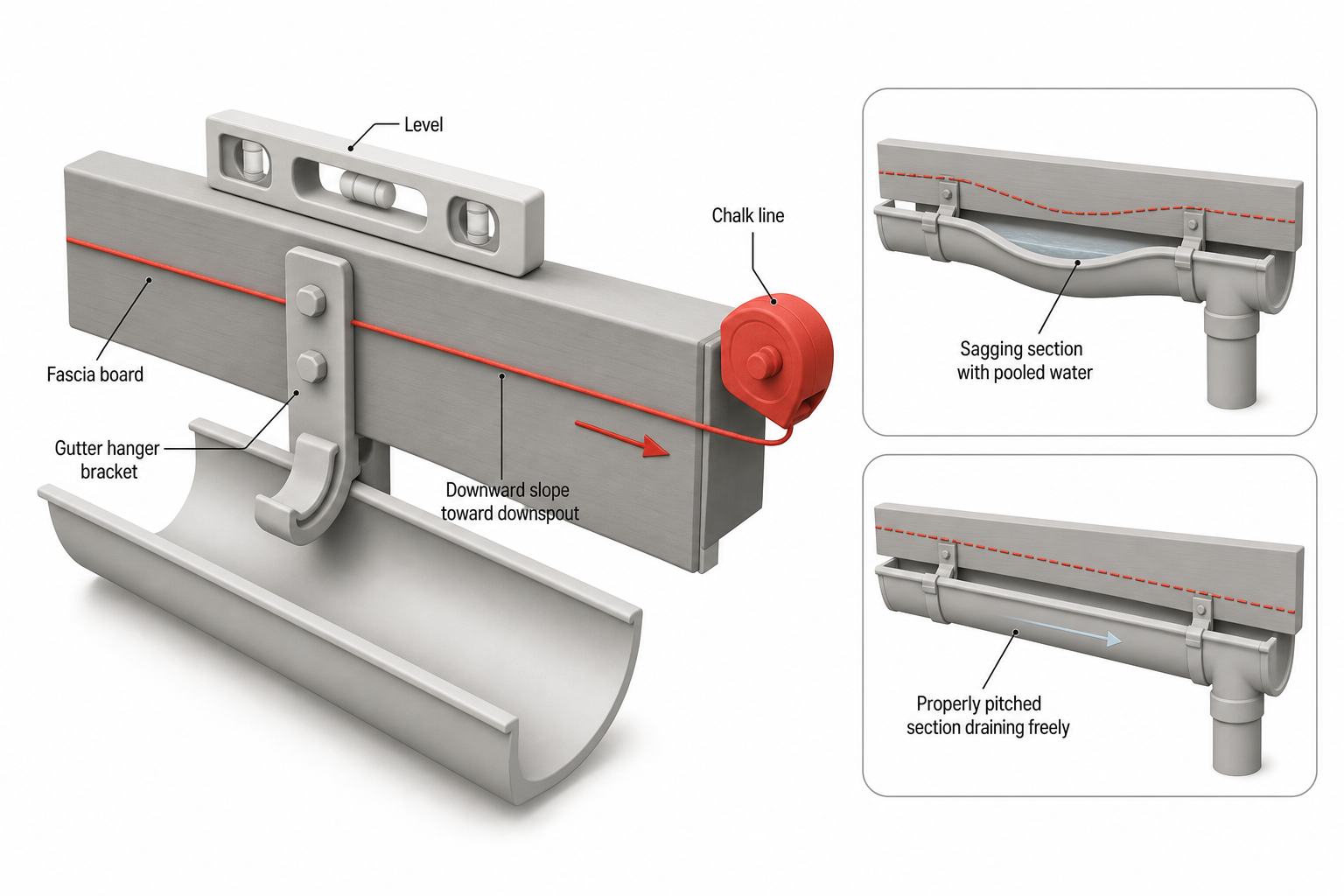 close-up diagram of a gutter hanger bracket attached to a fascia board, showing a level and chalk line used to mark correct downward slope toward a downspout, with a comparison inset showing a sagging section with pooled water versus a properly pitched section draining freely