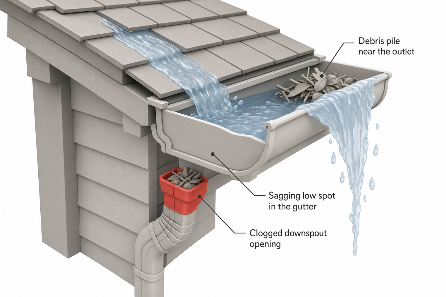 cutaway side view of a house eave showing a gutter with water overflowing over the front lip during rainfall, with roof runoff pouring off shingles into the gutter, labeled arrows pointing to a clogged downspout opening, a sagging low spot in the gutter, and a debris pile near the outlet