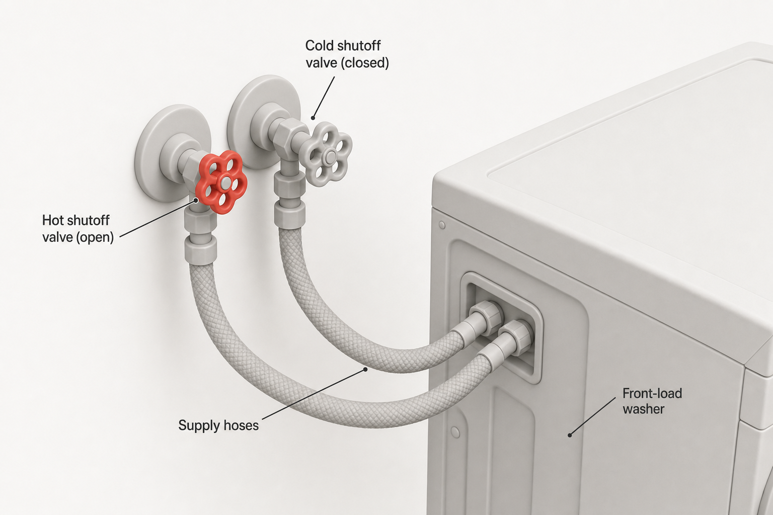 close-up of two washing machine shutoff valves on a wall with braided supply hoses running to the back of a front-load washer, one valve handle turned fully open