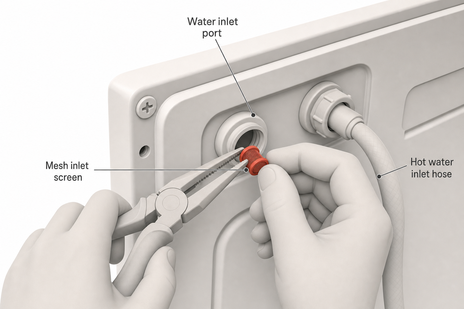 hands using needle-nose pliers to remove a small mesh inlet screen from the water inlet port on the back of a washing machine, close-up detail shot