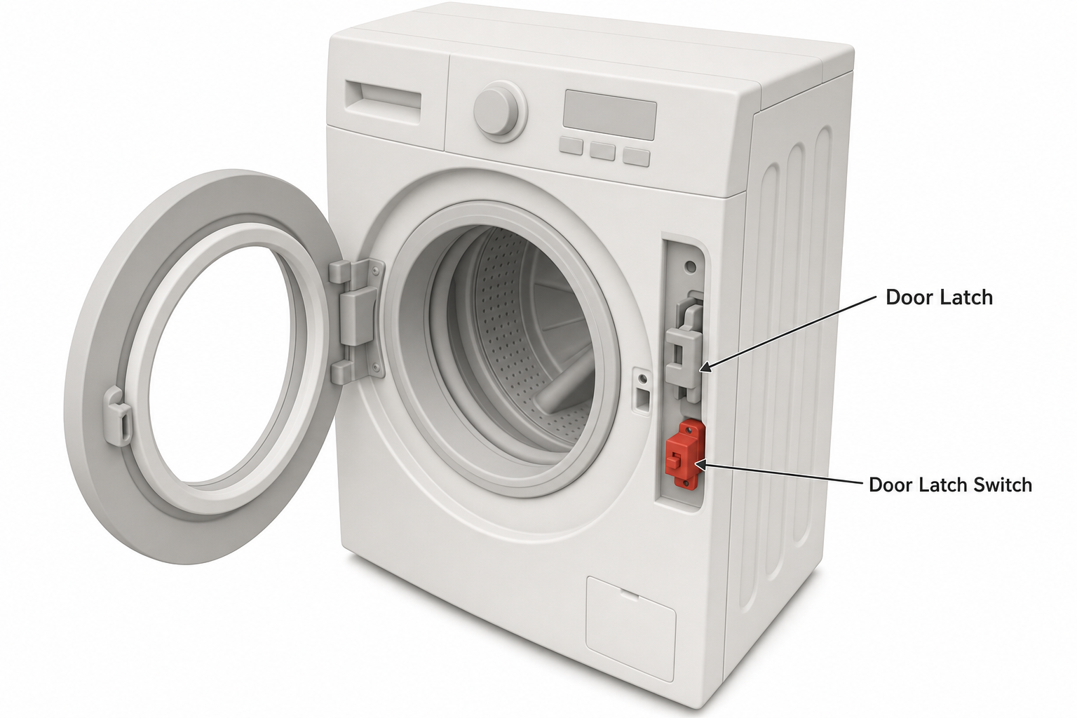 front-load washing machine door partially open showing the door latch and switch mechanism along the door frame edge