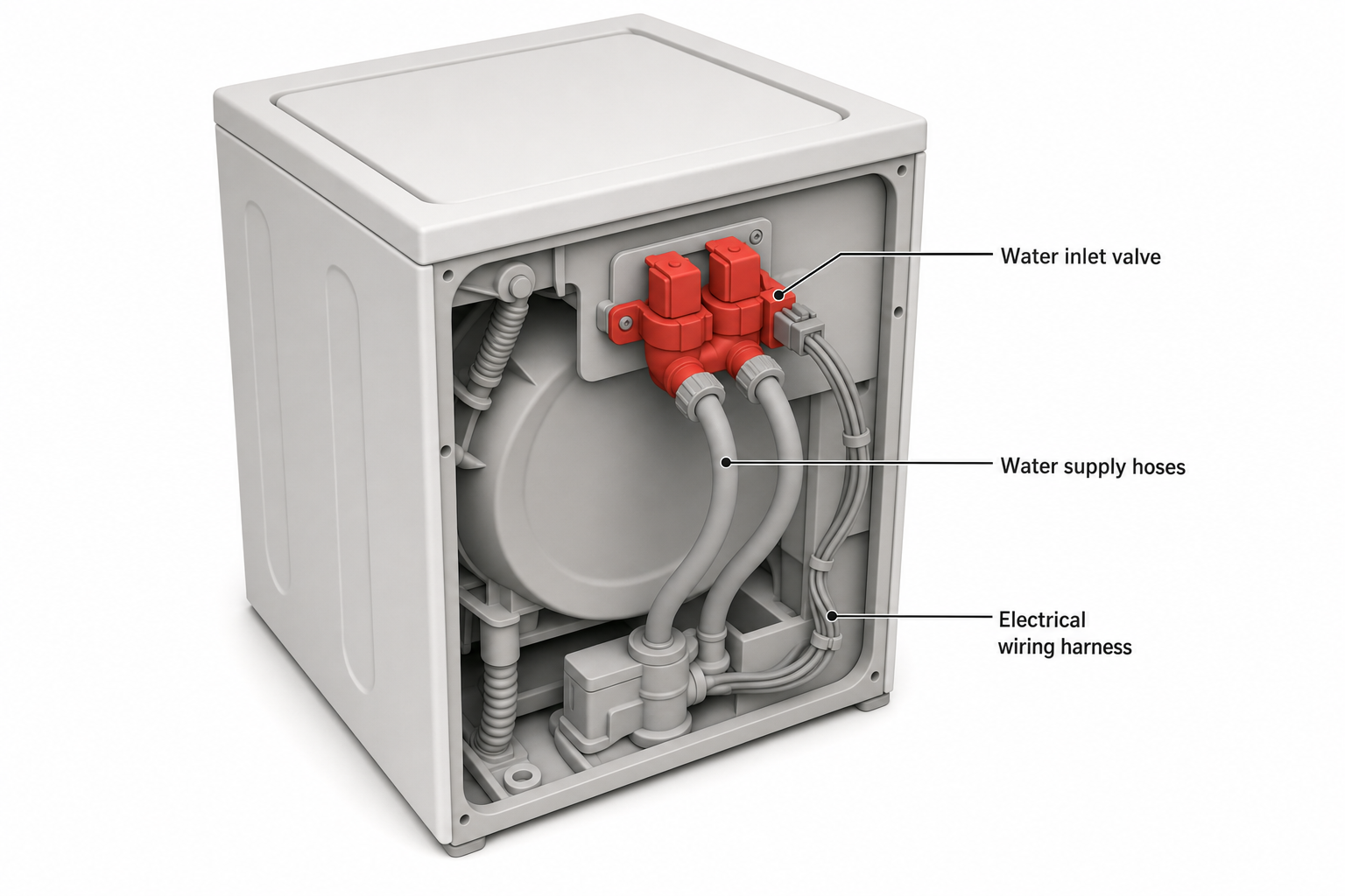 interior view of a washing machine cabinet with the rear panel removed, showing the water inlet valve with two hose connections and an electrical wiring harness