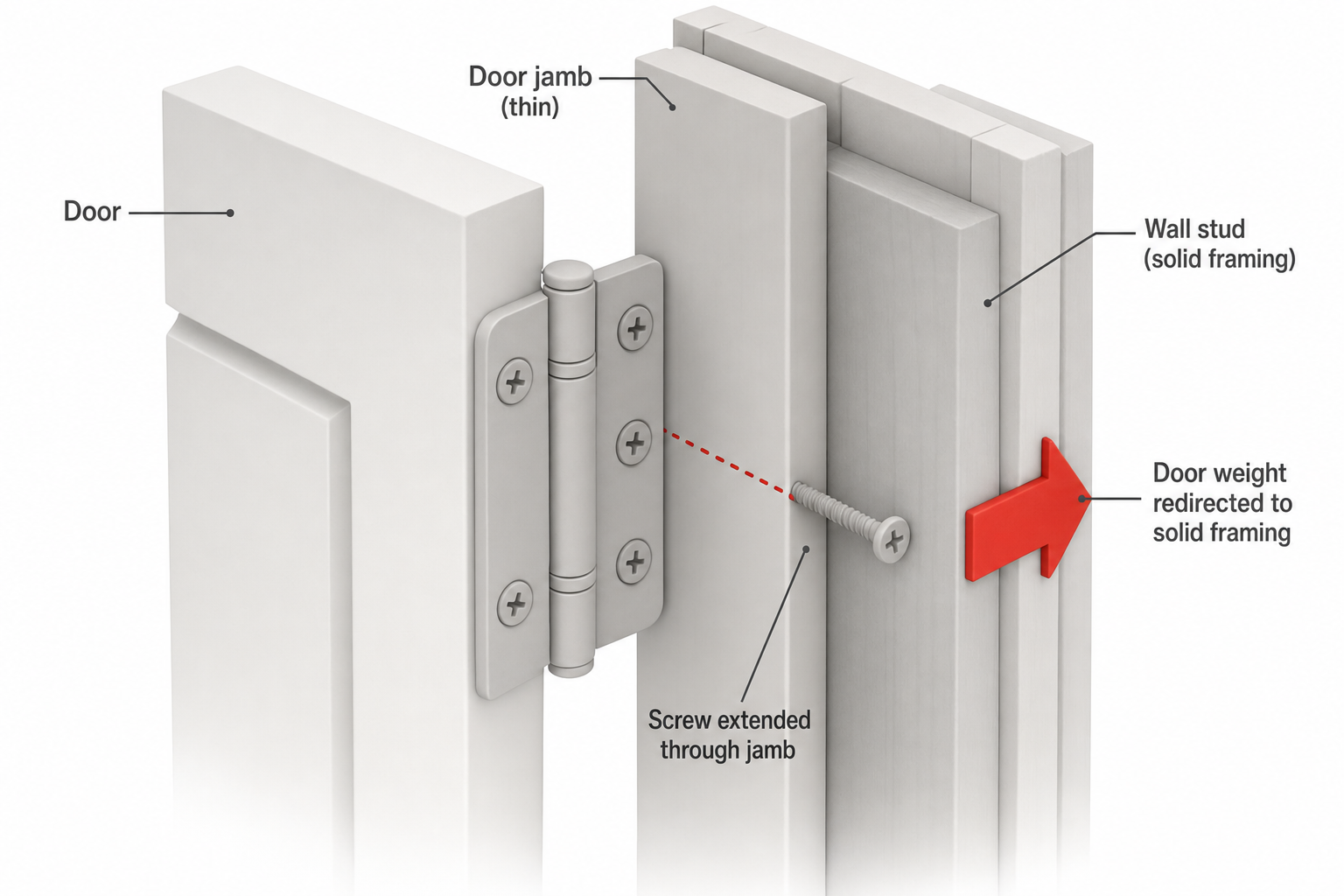 close-up side view of a door hinge on a jamb, one screw shown extended by a dotted line reaching through the jamb into the wall stud behind it, with an arrow indicating the door's weight being redirected from the thin jamb to the solid framing