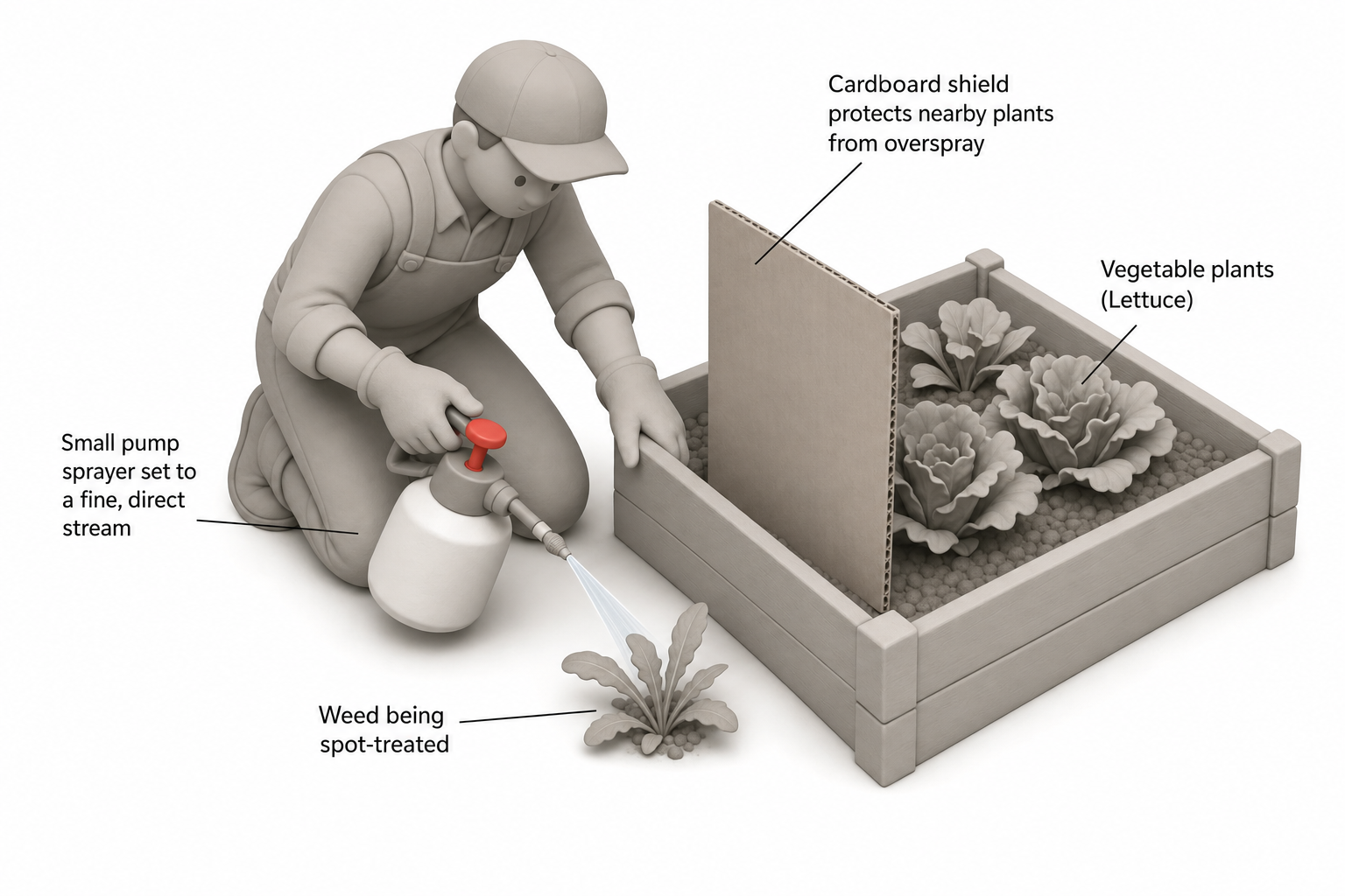 gardener wearing gloves using a small handheld pump sprayer with a directed nozzle to spot-treat a single weed at the edge of a raised vegetable bed, a piece of cardboard shielding nearby lettuce plants from overspray