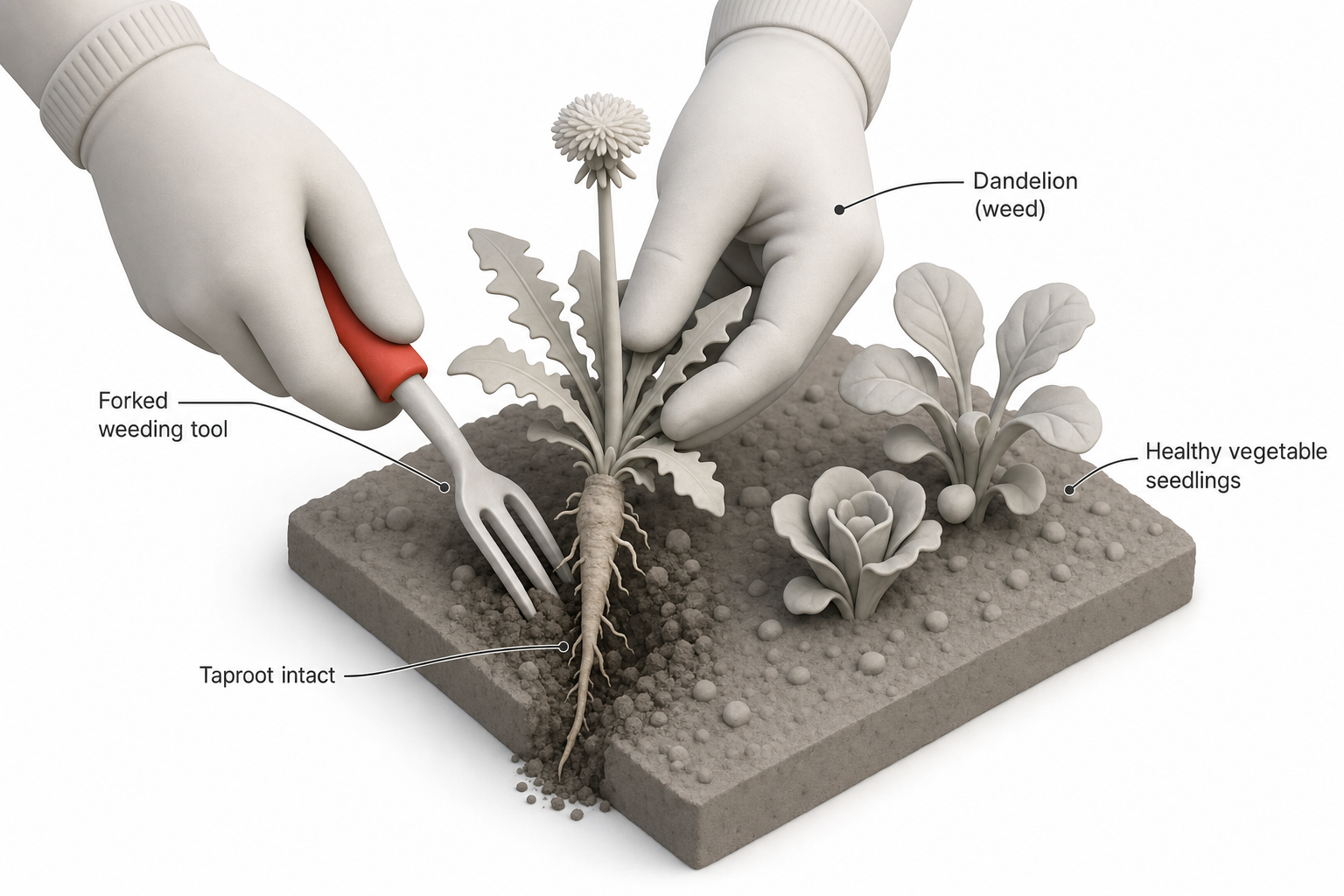 close-up of gloved hands using a narrow forked weeding tool to lift a dandelion with its taproot intact from garden soil, healthy vegetable seedlings visible a few inches away