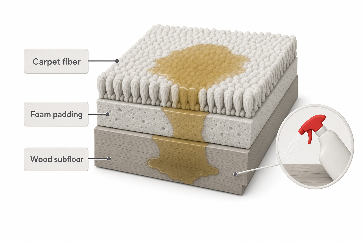 cutaway side-view diagram of a carpet system showing three labeled layers—carpet fiber, foam padding, and wood subfloor—with a urine stain icon shown soaking through all three layers, and a callout showing enzymatic cleaner being applied at the subfloor level