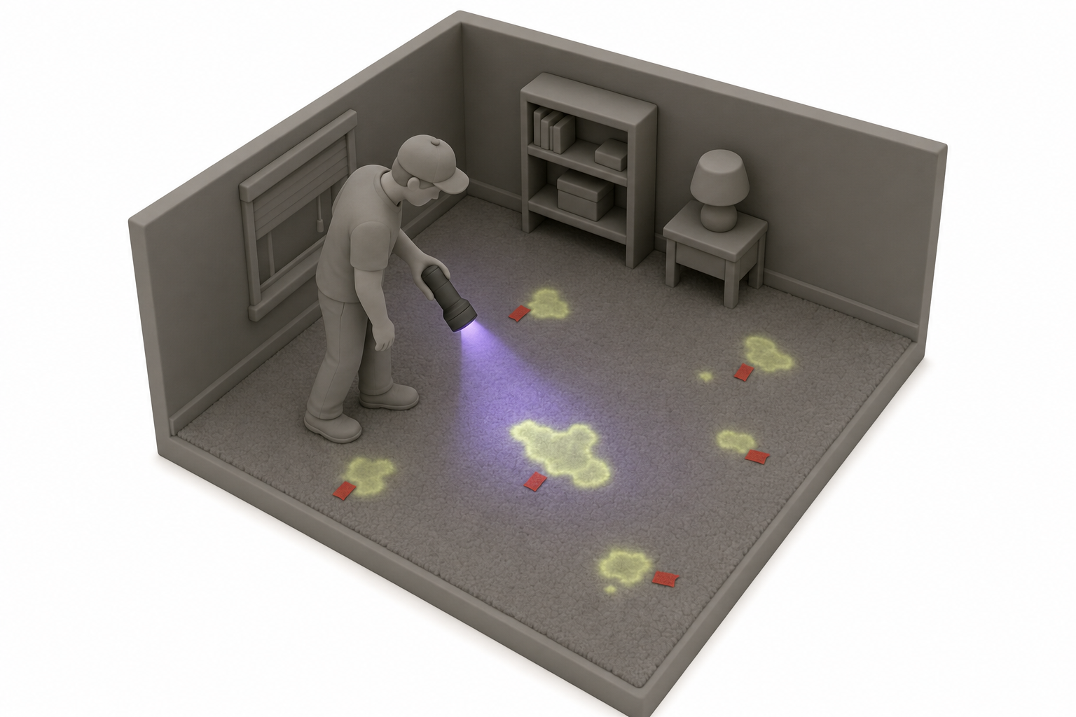 overhead view of a person in a darkened room holding a UV black light flashlight over a carpeted floor, with several glowing yellow-green urine stains visible and small pieces of painter's tape marking already-found spots