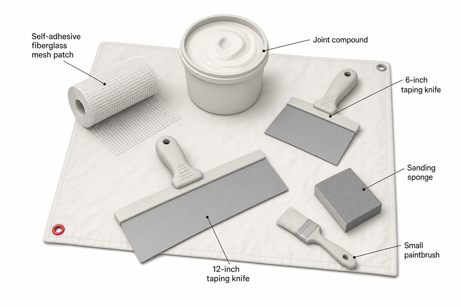 overhead flat-lay photo of drywall repair supplies arranged on a drop cloth — a roll of self-adhesive fiberglass mesh patch, a tub of joint compound, a 6-inch taping knife, a 12-inch taping knife, a sanding sponge, and a small paintbrush, labeled neatly for a tutorial graphic