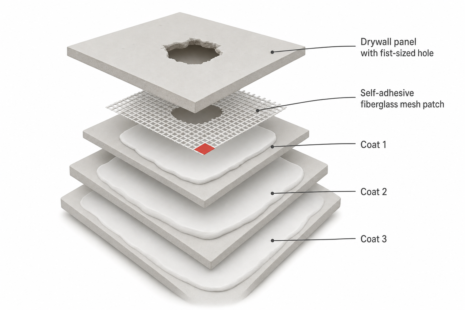 cross-section diagram of a drywall patch repair showing, in layers, the drywall panel with a fist-sized hole, the self-adhesive fiberglass mesh patch bridging the gap, and three successive feathered layers of joint compound extending progressively wider, labeled "coat 1," "coat 2," "coat 3"