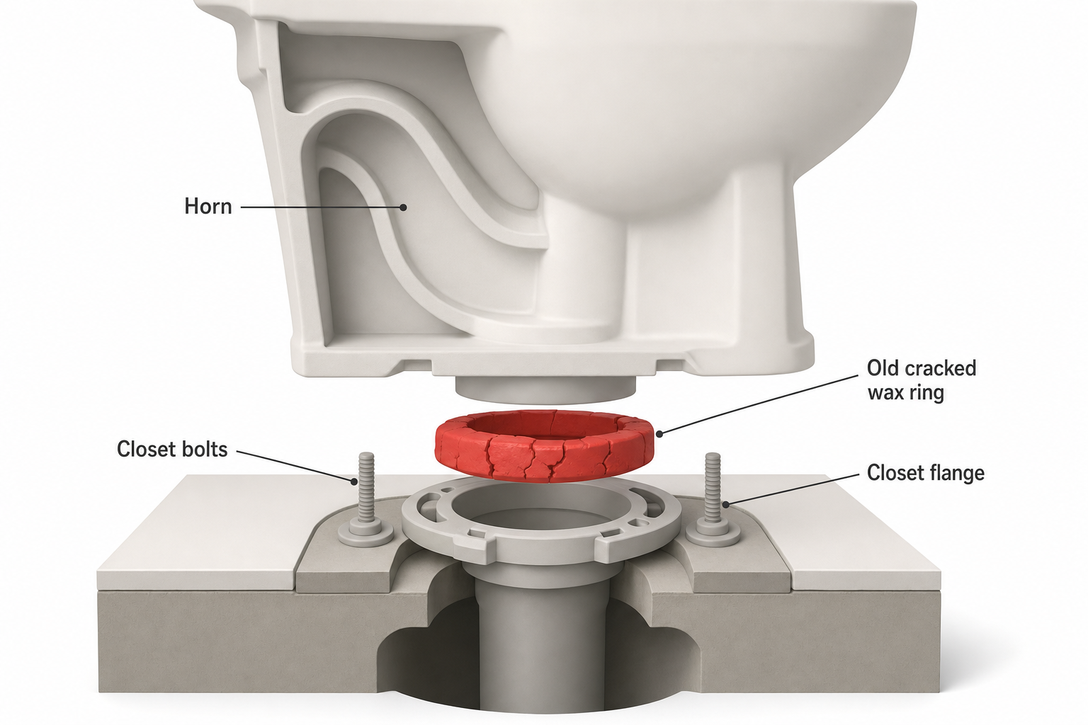 cutaway side view of a toilet base showing the horn, old cracked wax ring, closet flange, and closet bolts, with the toilet lifted slightly above to show the seal