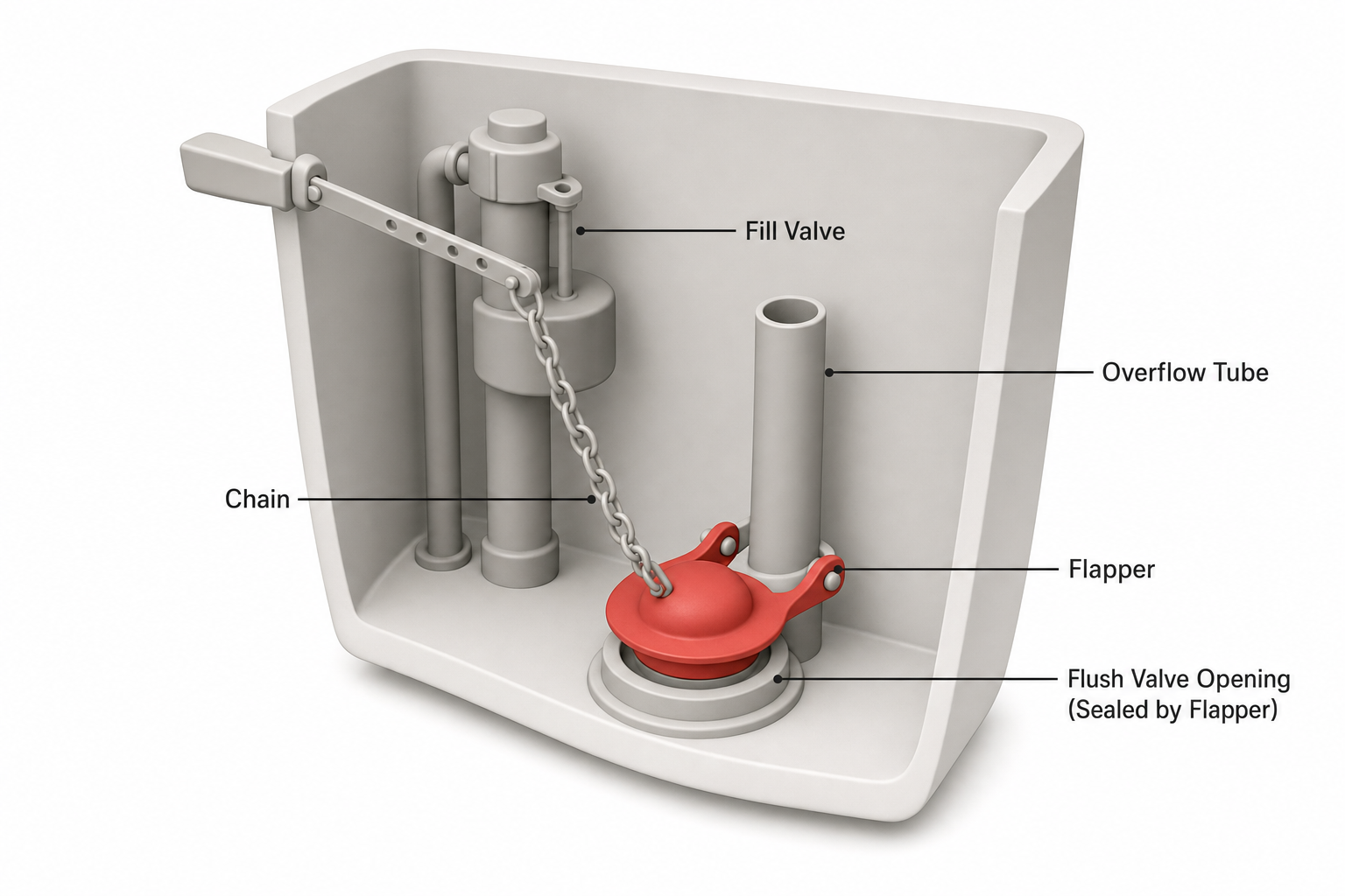 cutaway view of a toilet tank showing the flapper sealing over the flush valve opening, with the chain running up to the flush handle arm, labeled with the overflow tube and fill valve in the background