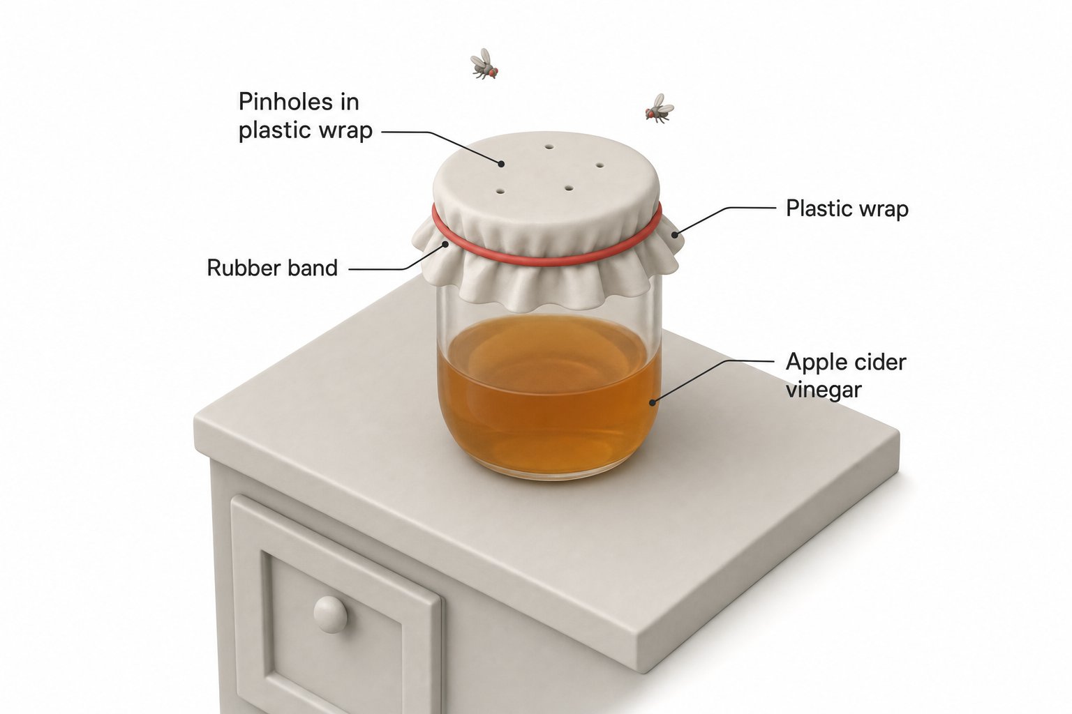 a simple homemade fruit fly trap on a kitchen counter—a small glass jar filled with amber vinegar, covered in plastic wrap secured with a rubber band, with tiny pinholes poked in the top and a couple of fruit flies visible flying near the holes