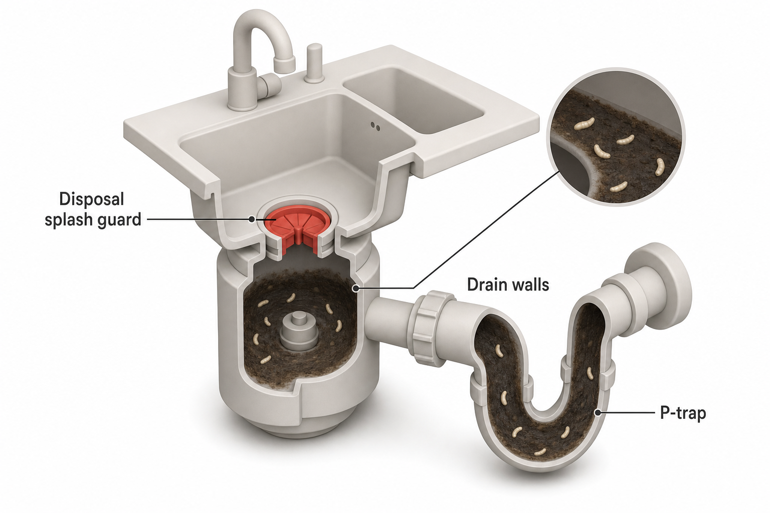 a cutaway diagram of a kitchen sink and drain pipe showing a thin film of dark grime coating the inside of the drain and disposal chamber, with tiny fruit fly larvae highlighted in a close-up circle, labeled arrows pointing to the disposal splash guard, drain walls, and P-trap