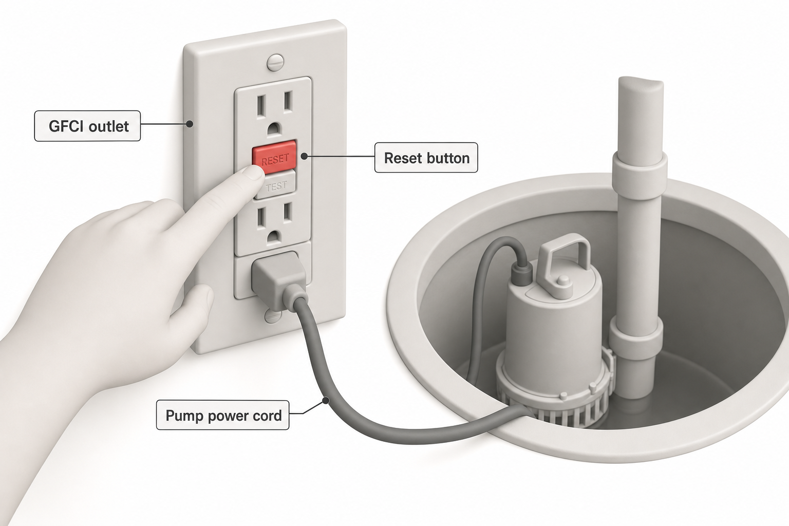 close-up of a hand pressing the reset button on a GFCI outlet near a basement sump pit, with the pump's power cord visible running down into the pit