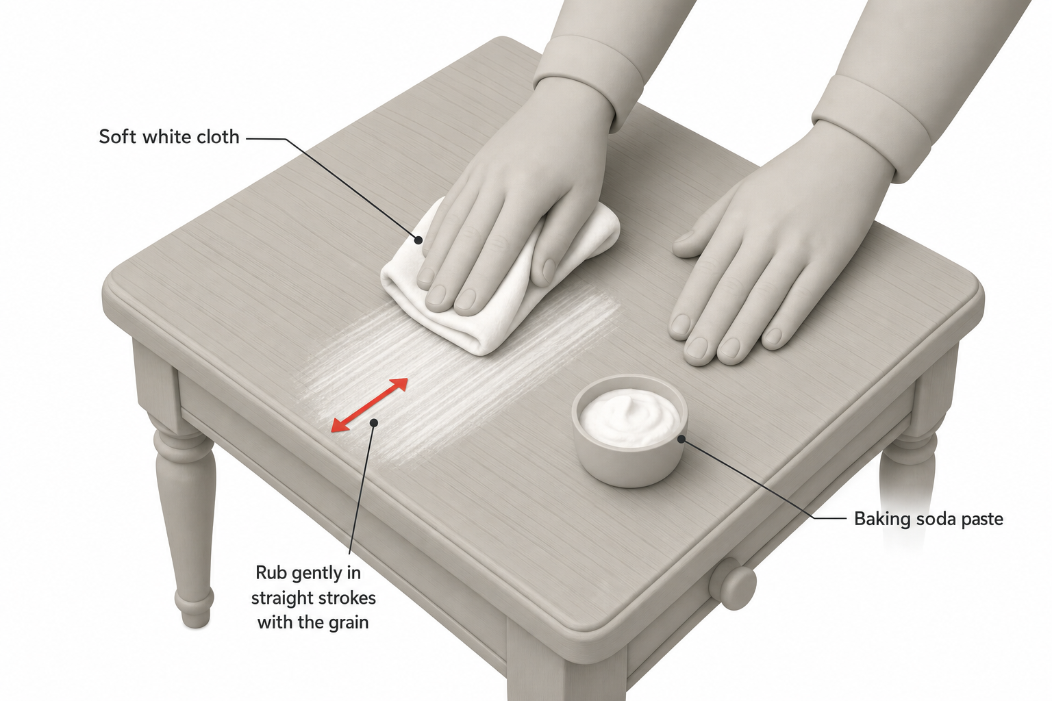 hands using a soft white cloth to gently rub a paste onto a wood tabletop in straight strokes following the wood grain, small container of baking soda paste beside the cloth