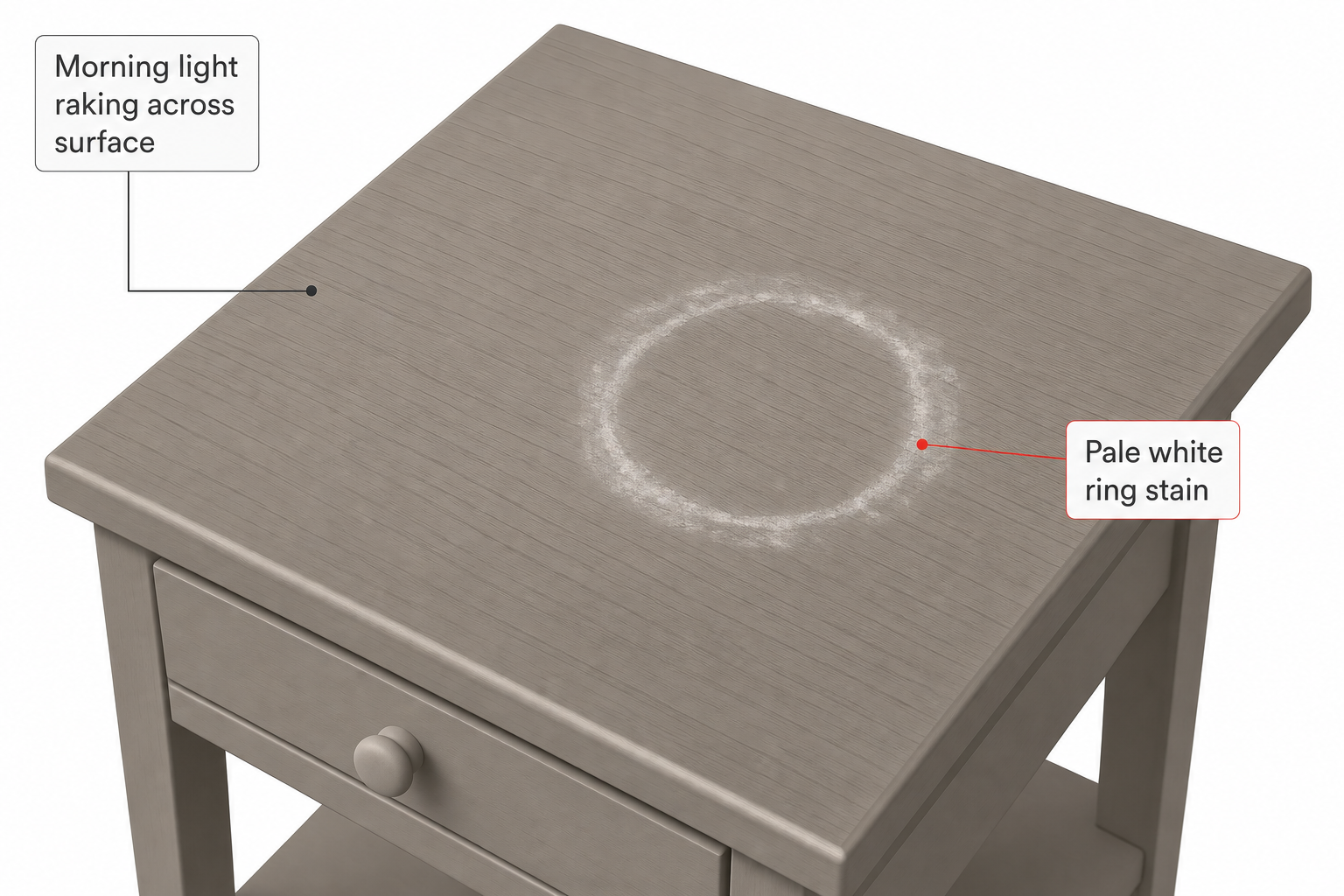 close-up top-down photo of a wooden side table with a pale white ring stain from a glass, morning light raking across the surface to show the cloudy texture against the surrounding polished wood grain