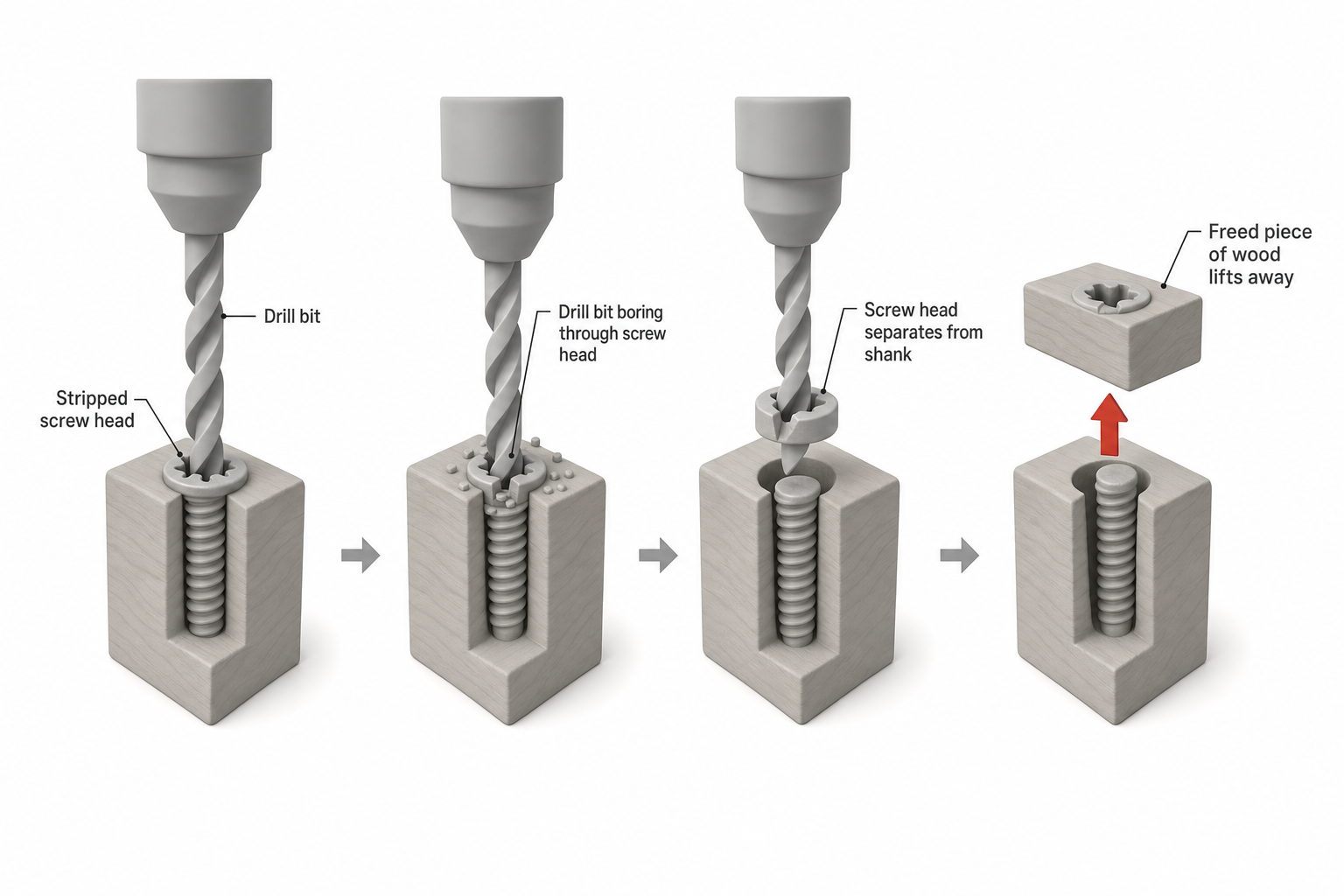 sequence showing a drill bit boring straight down through the center of a stripped screw head until it separates from the shank, with the freed piece of wood lifting away