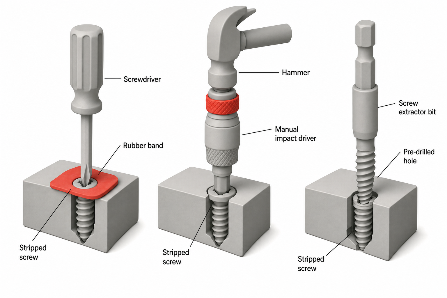 cutaway diagram comparing three screw-removal tools side by side — a rubber band pressed over a screw head with screwdriver through it, a manual impact driver being struck with a hammer, and a screw extractor bit biting into a pre-drilled hole