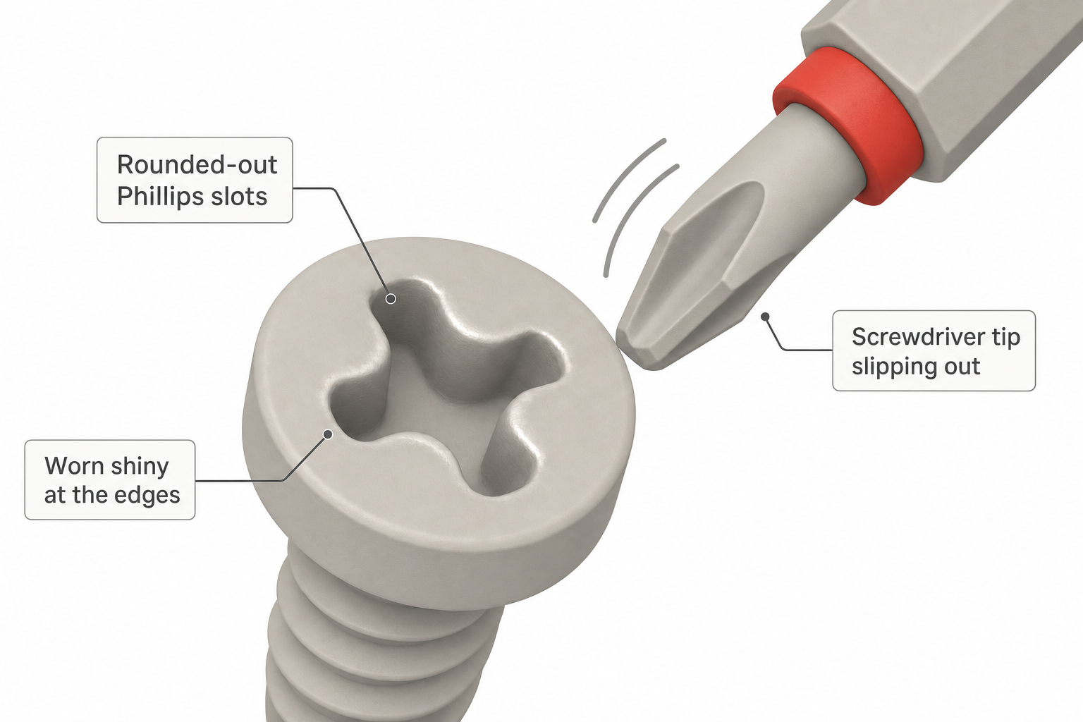 close-up of a screw head with rounded-out Phillips slots, worn shiny at the edges, a screwdriver tip shown slipping out of the recess with motion lines