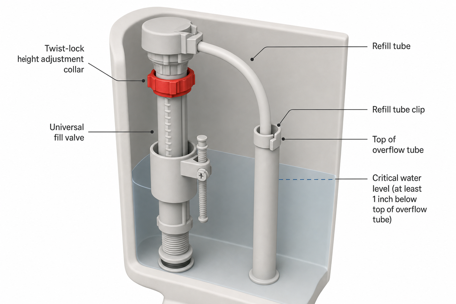 close-up diagram of a universal toilet fill valve being adjusted, showing the twist-lock height adjustment collar, the refill tube clipped to the overflow pipe, and the critical water level line marked below the overflow tube top