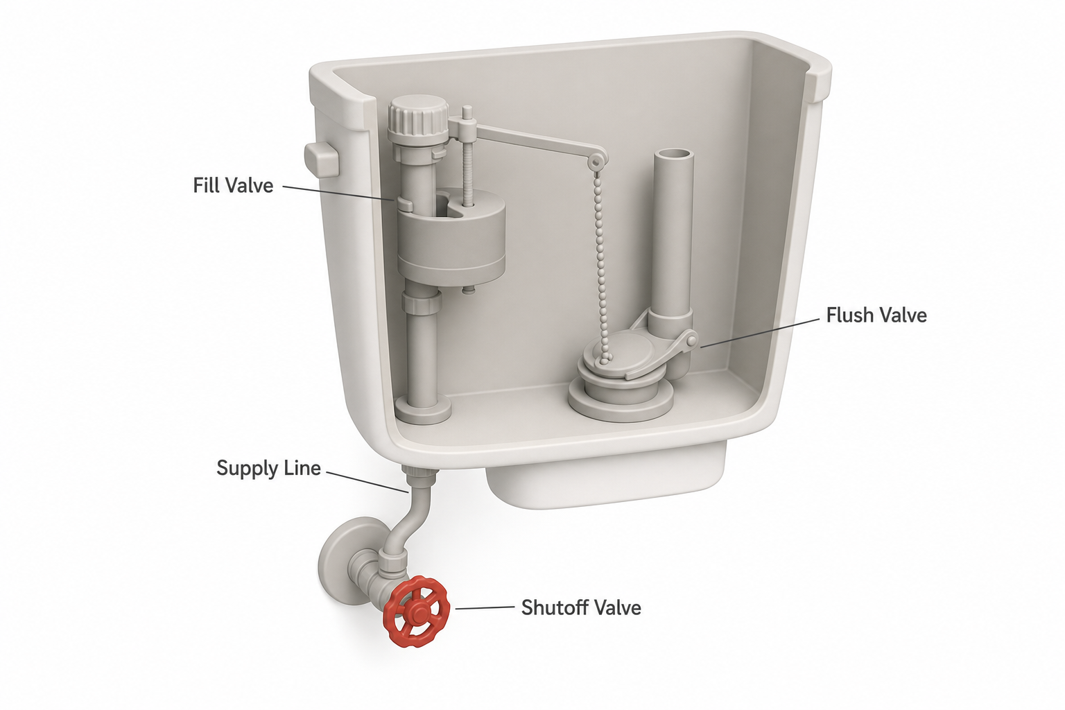 cutaway side view of a toilet tank showing the fill valve on the left and flush valve on the right, with an arrow pointing to the wall shutoff valve and supply line beneath the tank