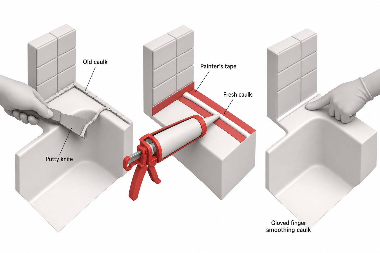 step-by-step sequence showing a hand pulling old cracked caulk from a bathtub edge with a putty knife, then a caulking gun laying a fresh bead along taped edges, then a gloved finger smoothing the new caulk line