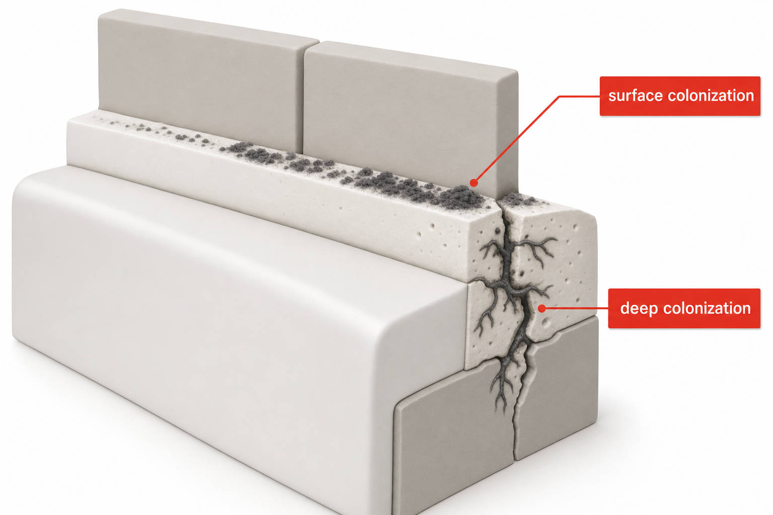 close-up cross-section diagram of a bathtub caulk line showing surface mold on top versus mold roots growing down into a crack in the caulk, with arrows labeling "surface colonization" and "deep colonization"