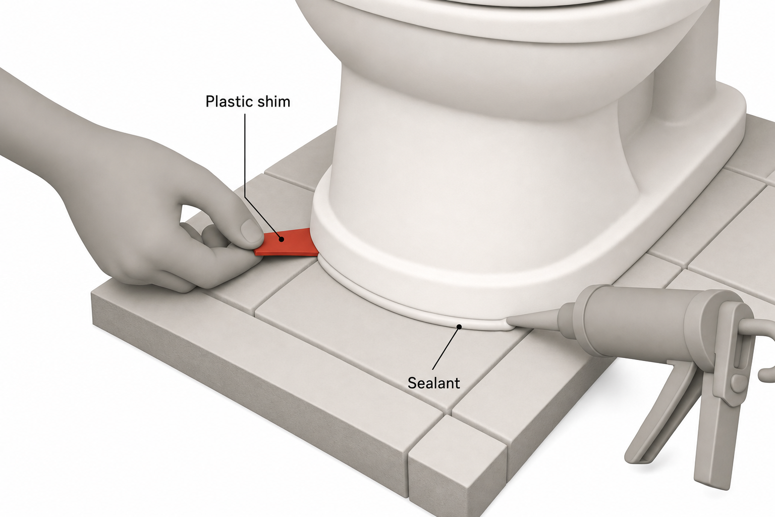 close-up of a hand sliding a thin plastic shim under the edge of a toilet base at floor level, with a caulk gun applying a bead of sealant around the base afterward