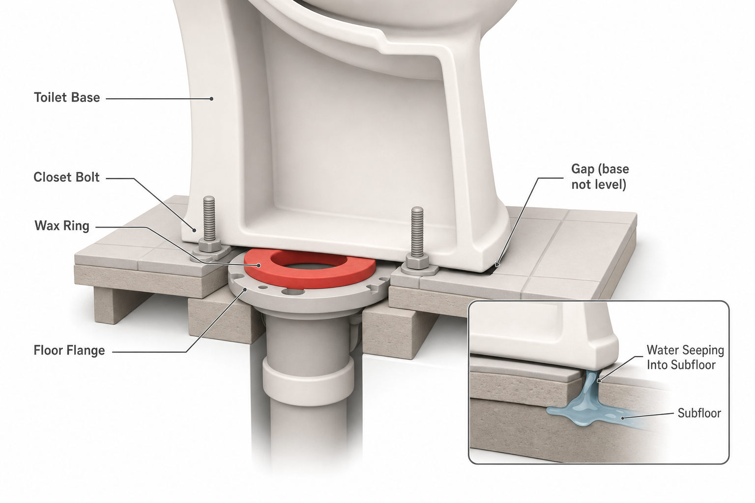 cutaway side view of a toilet base sitting on a floor flange, showing the wax ring, closet bolts, and a slight gap on one side where the base is not level, with an inset showing water seeping into the subfloor
