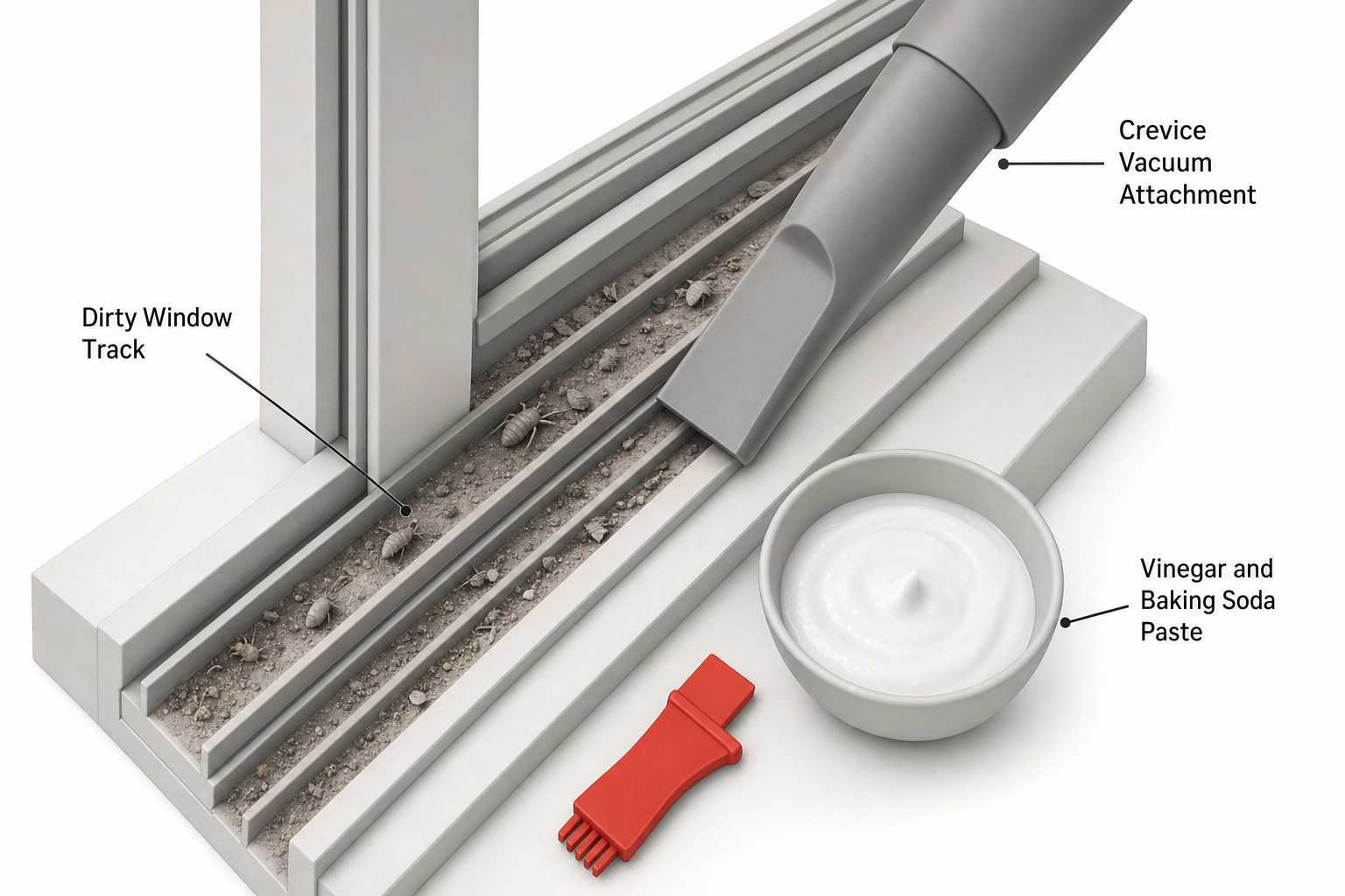 overhead close-up of a dirty aluminum window track filled with dust, dead bugs, and grit, with a crevice vacuum attachment poised above it and a small bowl of white paste (vinegar and baking soda) sitting on the sill nearby