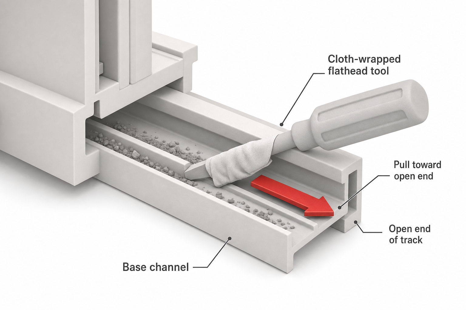 side cross-section diagram of a window track groove showing a cloth-wrapped flathead tool scraping along the base channel, with an arrow indicating the pulling motion toward the open end of the track