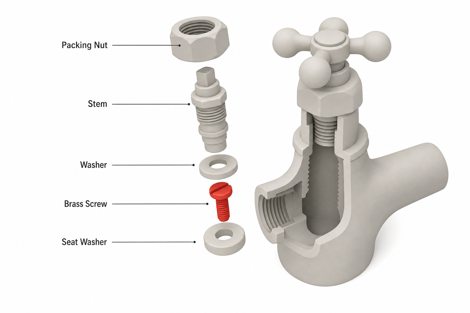 Exploded diagram of a compression faucet stem assembly showing the packing nut, stem, washer, brass screw, and seat washer, labeled parts, cutaway view of faucet body