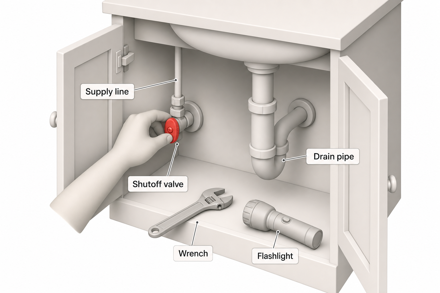 Close-up of a person's hand turning a small oval chrome shutoff valve on a supply line under a bathroom sink, with a wrench and flashlight nearby, cabinet doors open, warm nighttime lighting