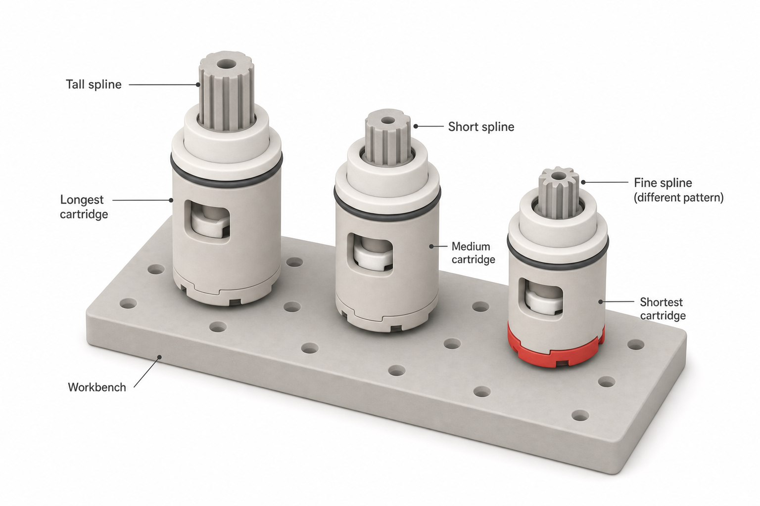 Side-by-side comparison of three faucet cartridges of slightly different lengths and spline patterns on a workbench, illustrating why matching the exact replacement part matters