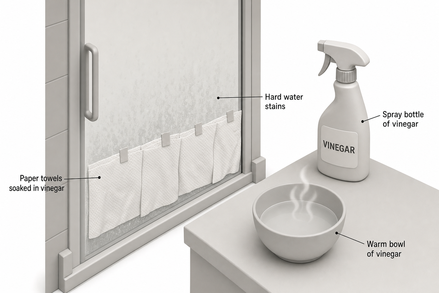 Close-up of a glass shower door with paper towels soaked in vinegar taped or pressed against the lower third of the glass where hard water stains are visible, a spray bottle of vinegar nearby, steam rising slightly from a warm bowl of vinegar on the bathroom counter