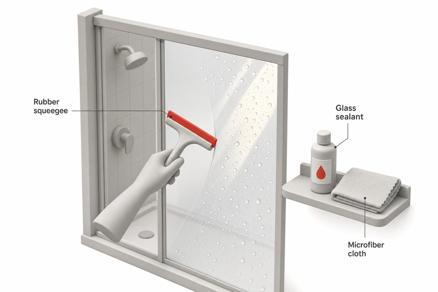 A hand using a rubber squeegee to wipe water droplets off a clean glass shower door, with a small bottle of glass sealant and a microfiber cloth sitting on a nearby shelf, sunlight highlighting beaded water repelling off the treated glass