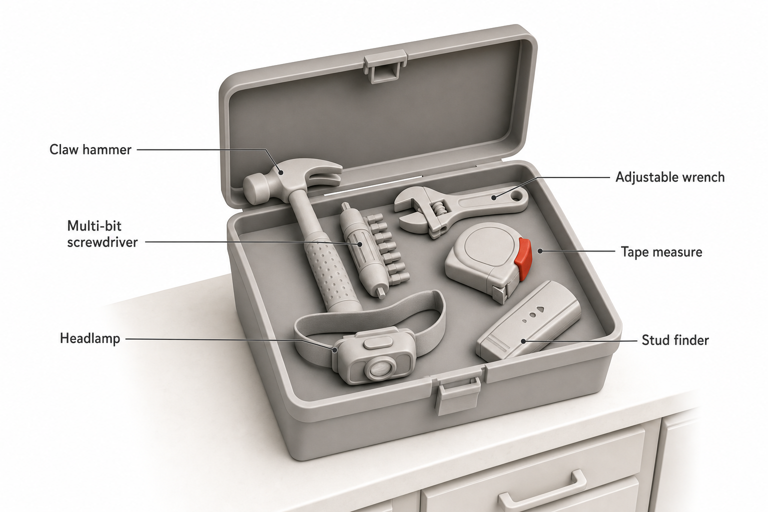 a small open toolbox on a kitchen counter containing a claw hammer, multi-bit screwdriver, adjustable wrench, tape measure, headlamp, and a stud finder, arranged neatly, warm natural light