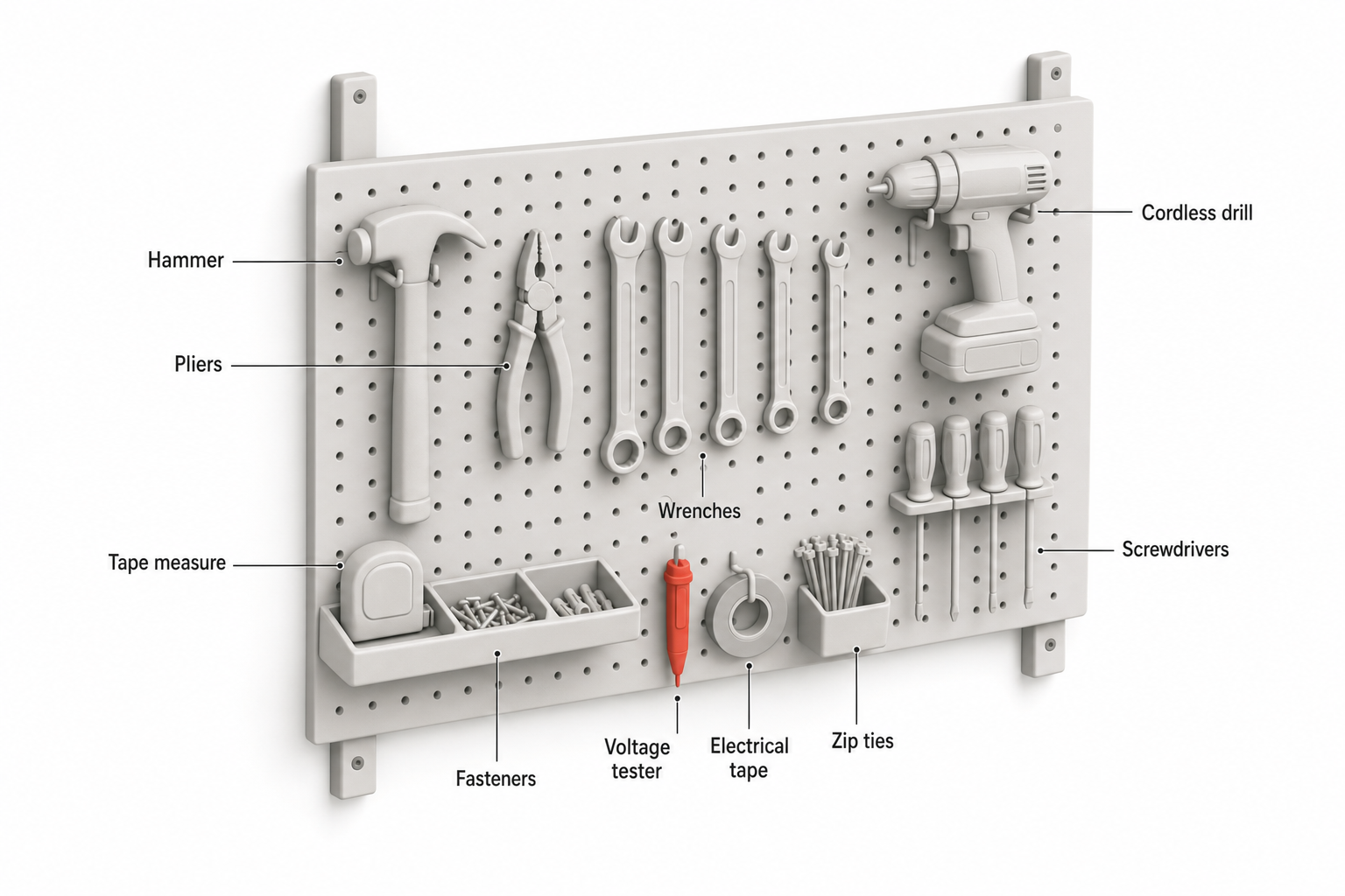 a wall-mounted pegboard in a garage utility area with outlined tool silhouettes, hammer, pliers, wrenches, and a cordless drill hanging in an organized row