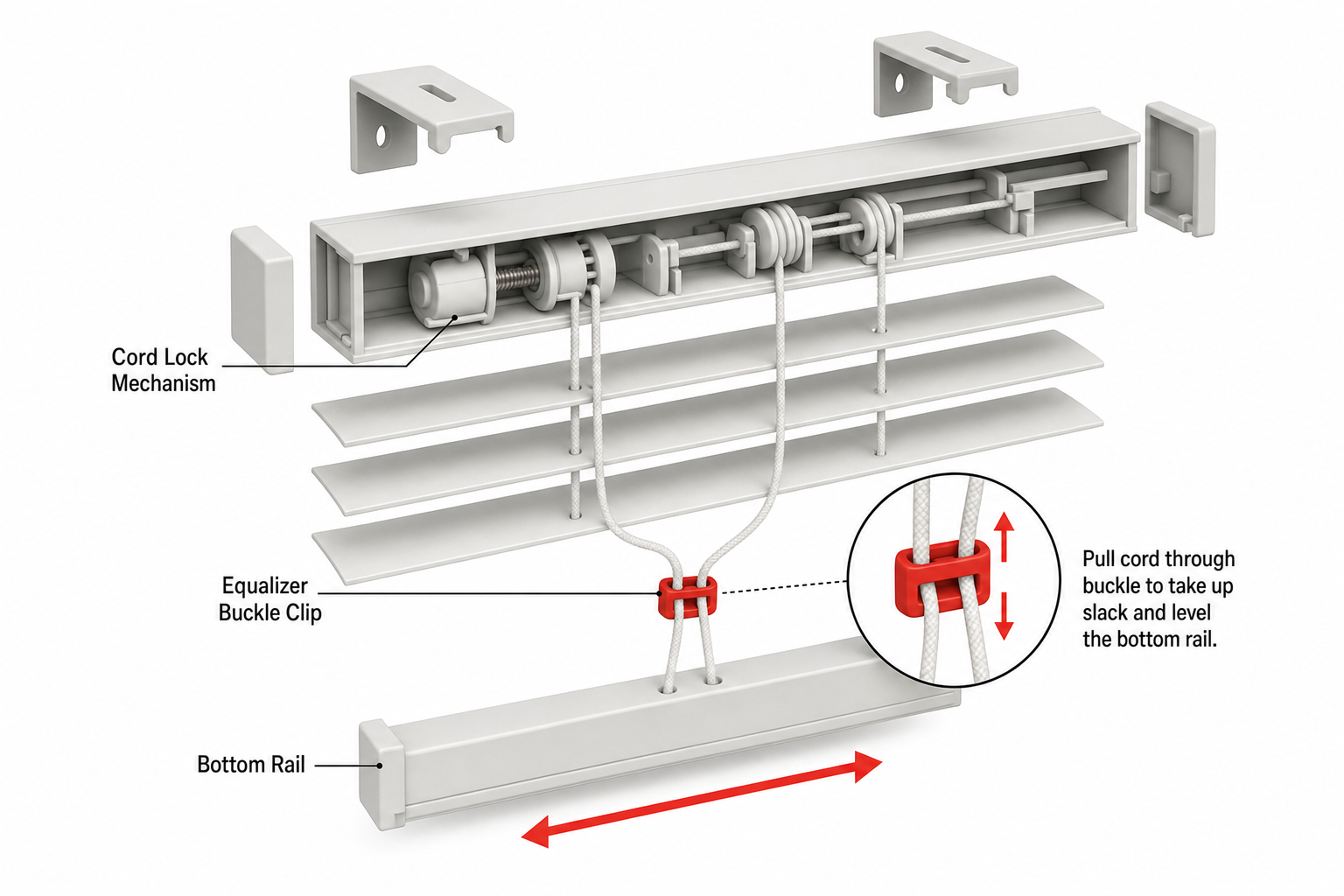 exploded diagram of a mini blind headrail interior showing the cord lock mechanism, the equalizer buckle clip on the lift cords, and arrows showing the cord being pulled through the buckle to level the bottom rail