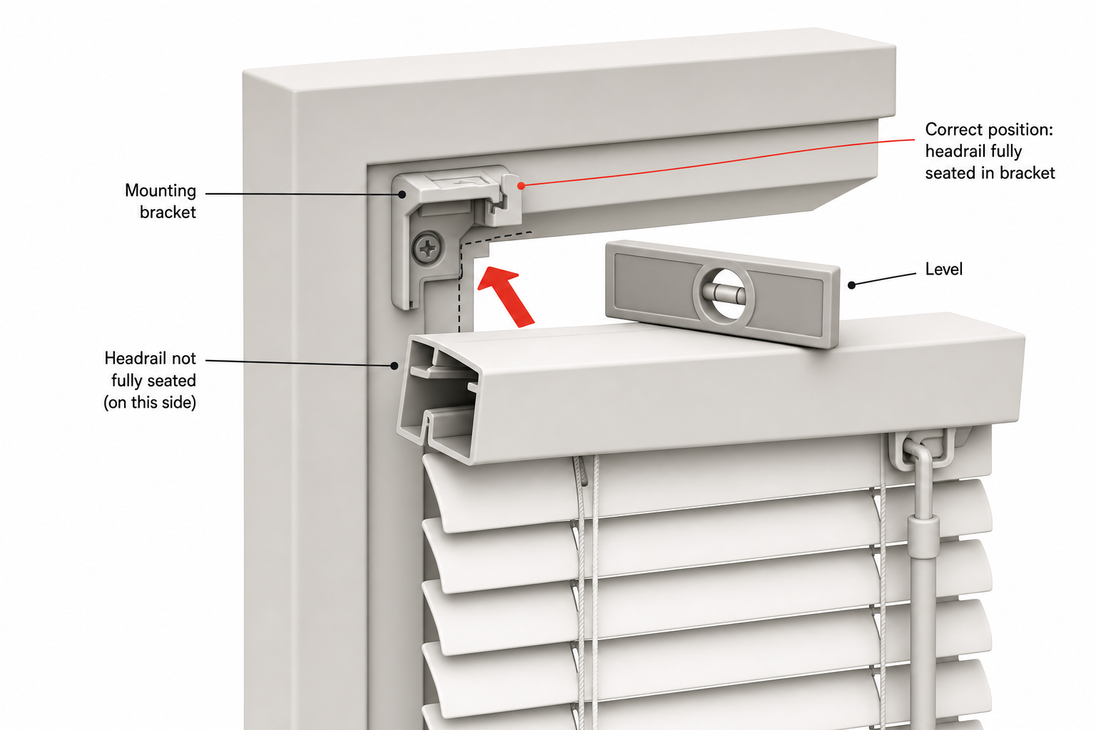 close-up cutaway of a mini blind headrail bracket mounted to a window frame, showing the headrail not fully clicked into the bracket on one side, with an arrow indicating the correct fully-seated position, small level tool resting against the headrail