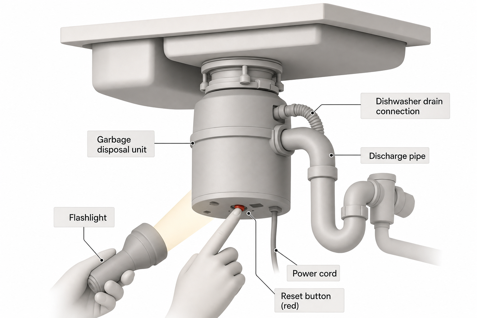 close-up cutaway view of a garbage disposal unit mounted under a kitchen sink, showing the red reset button on the bottom of the unit with a finger pressing it, flashlight beam illuminating the area