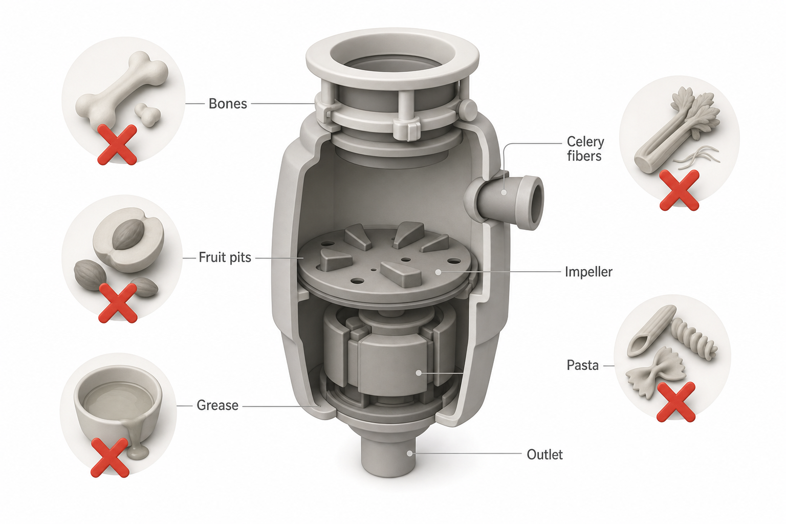 simple infographic-style image showing a garbage disposal cross-section with icons of foods to avoid — bones, fruit pits, grease, celery fibers, pasta — with red X marks over each