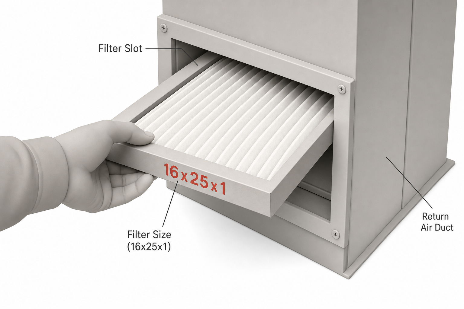 close-up of a hand pulling a rectangular pleated furnace filter out of a metal slot on a return air duct, with printed size markings 16x25x1 visible on the filter's cardboard frame