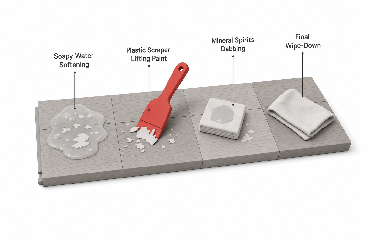 overhead view of a hardwood floor section divided into labeled zones showing the sequence: soapy water softening, plastic scraper lifting paint, mineral spirits dabbing, and final wipe-down, arranged left to right as a process diagram
