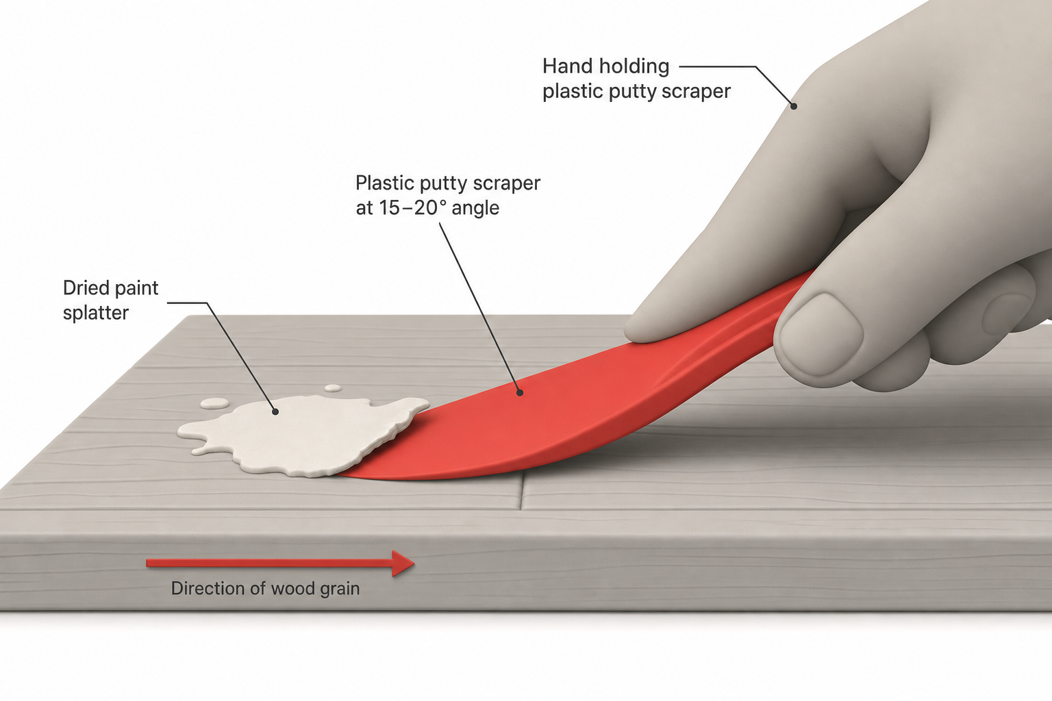 close-up side view of a hand holding a plastic putty scraper at a low, shallow angle against a hardwood floor, lifting a dried paint splatter, with the wood grain direction indicated by an arrow