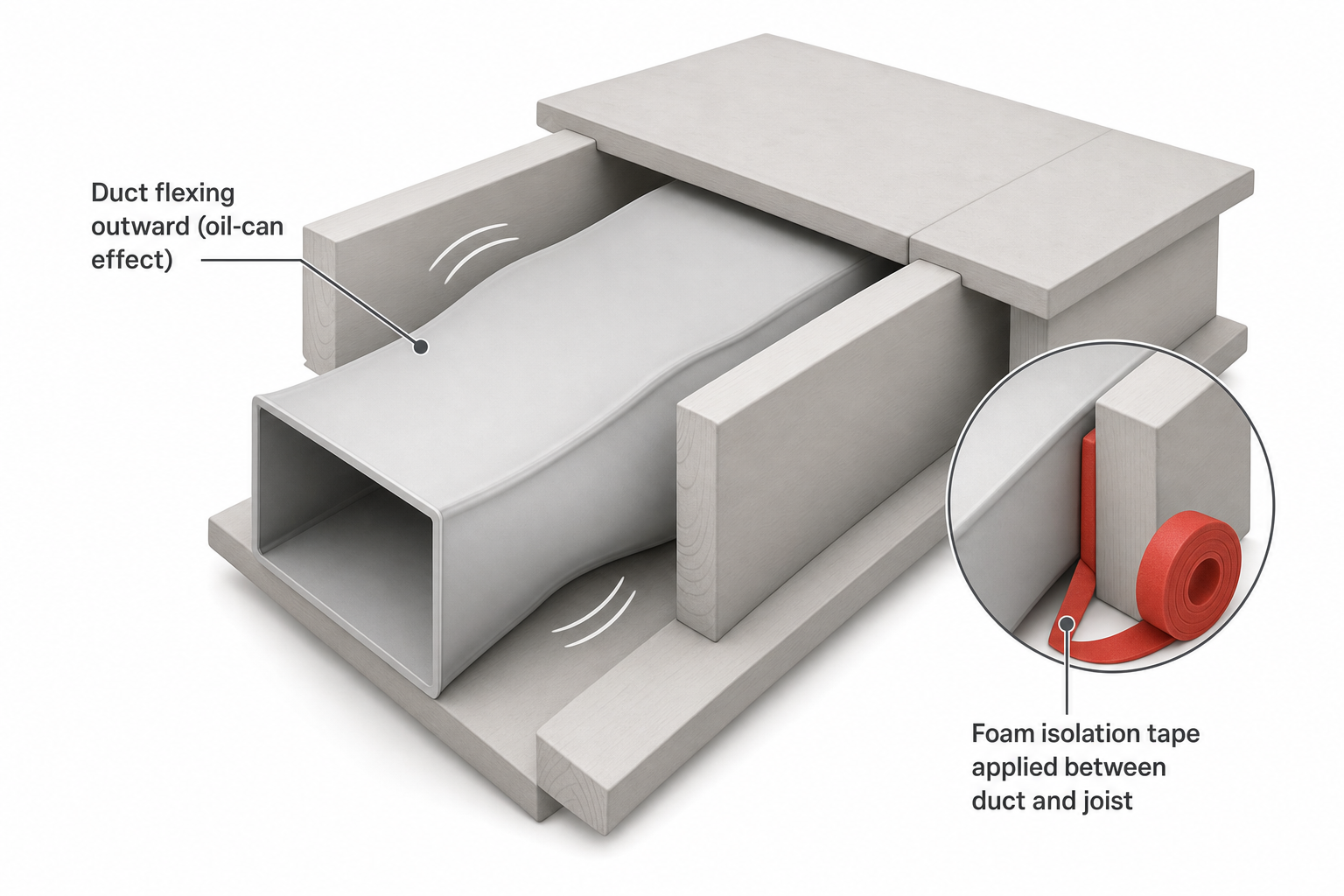 close-up cross-section of a rectangular sheet metal duct running through floor joists, showing the duct flexing outward (oil-can effect) with motion lines, and a callout showing a strip of foam isolation tape being applied between the duct and a joist