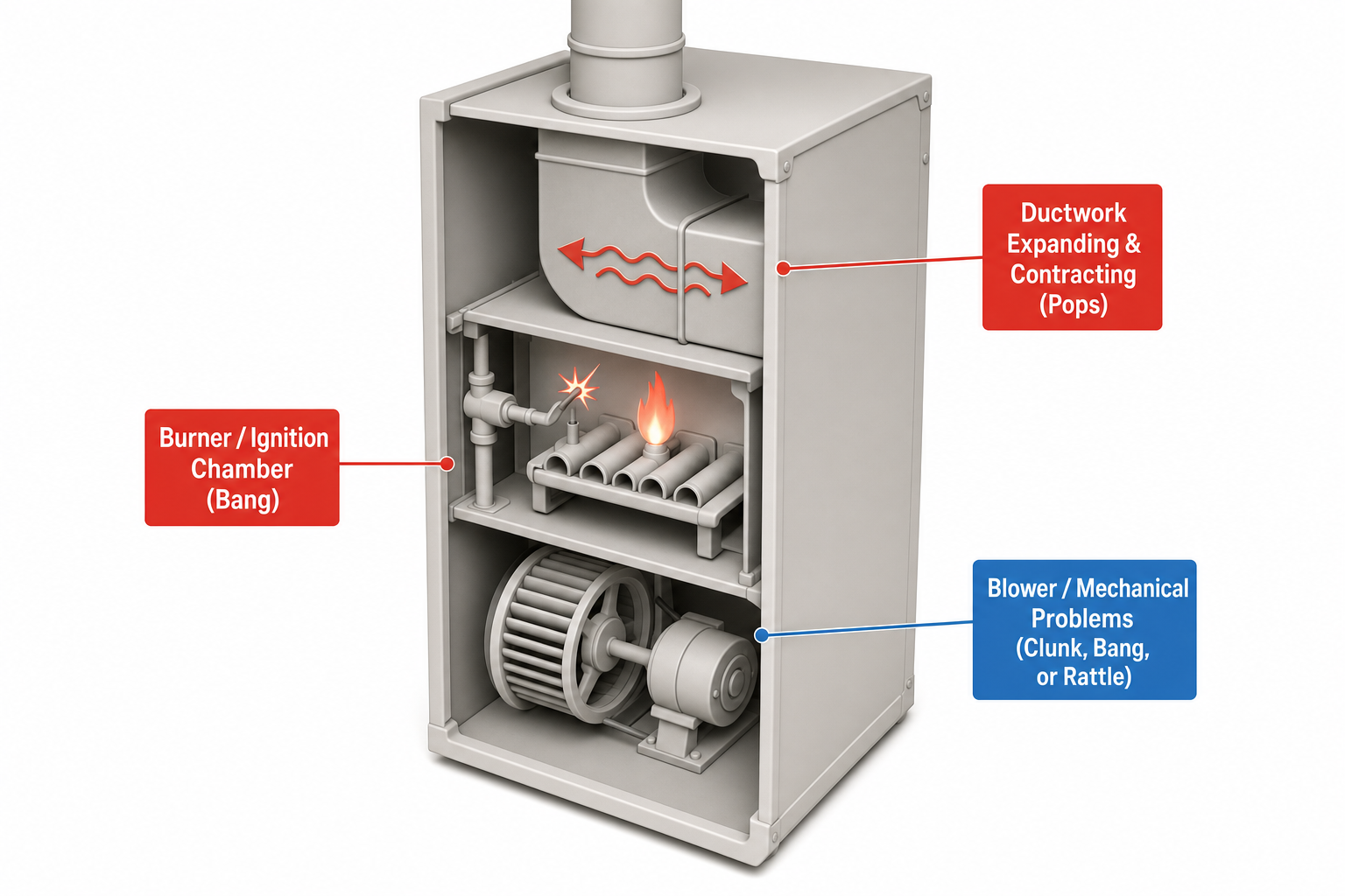 cutaway diagram of a gas furnace showing three labeled zones - the burner/ignition chamber with a small flame and spark icon, the sheet metal ductwork above with wavy expansion-contraction arrows, and the blower compartment below with a squirrel-cage fan wheel and motor, each zone color-coded to a different noise type