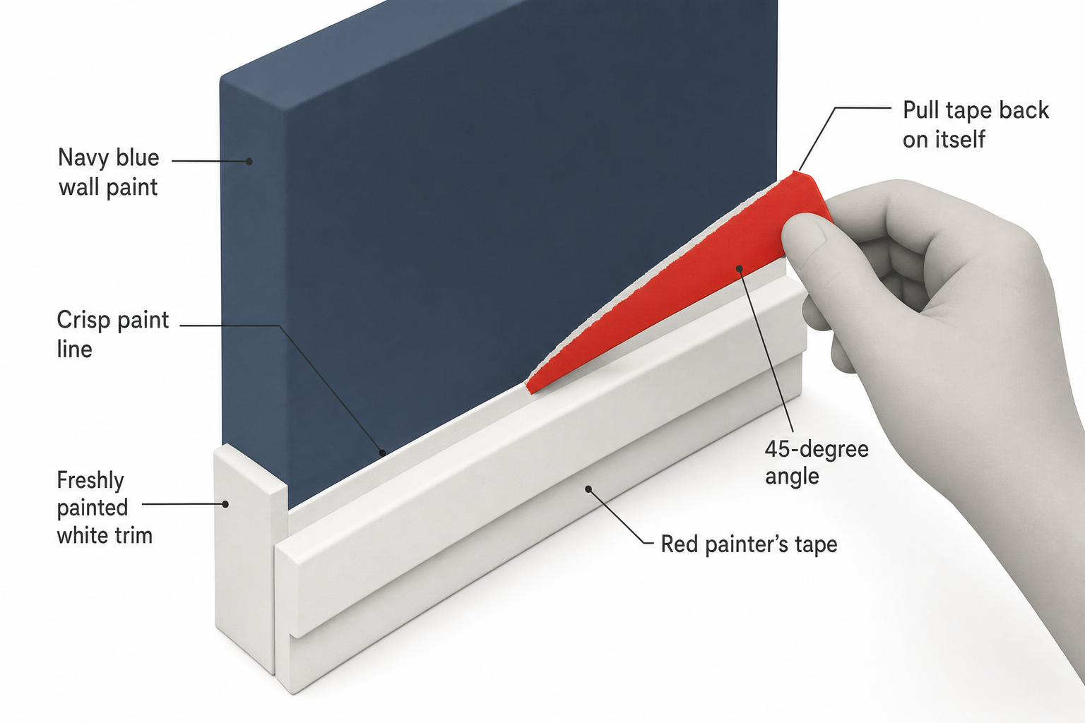 hand pulling painter's tape away from a freshly painted white trim edge at a 45-degree angle, revealing a perfectly crisp line against navy blue wall paint