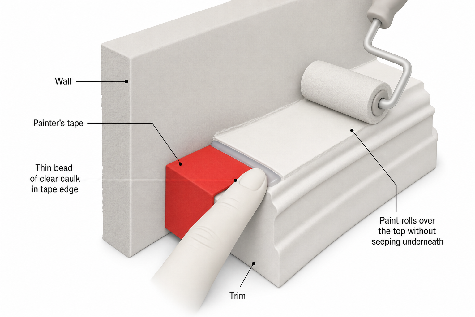 close-up cross-section diagram showing painter's tape applied along a wall-to-trim seam, with a thin bead of clear caulk pressed into the tape edge with a finger, and an arrow showing paint rolling over the top without seeping underneath