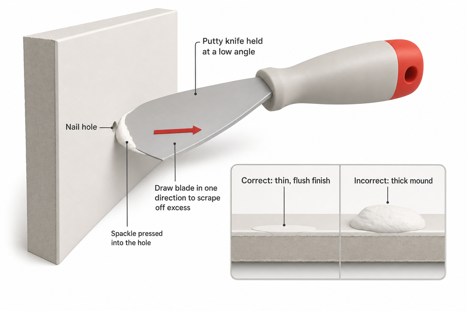 close-up side-view diagram showing a putty knife pressing spackle into a small nail hole in a wall, with an inset showing the correct thin, flush finish versus an incorrect thick mound